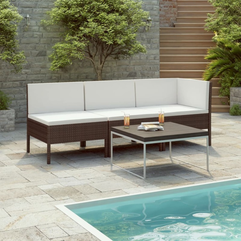 3 pcs conjunto lounge jardim c/ almofadões vime PE castanho-Conjuntos de jardim-Home Retail