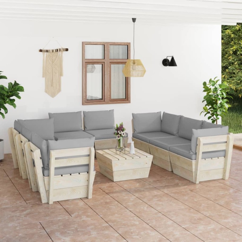 9 pcs conjunto lounge de paletes + almofadões madeira de abeto-Conjuntos de jardim-Home Retail