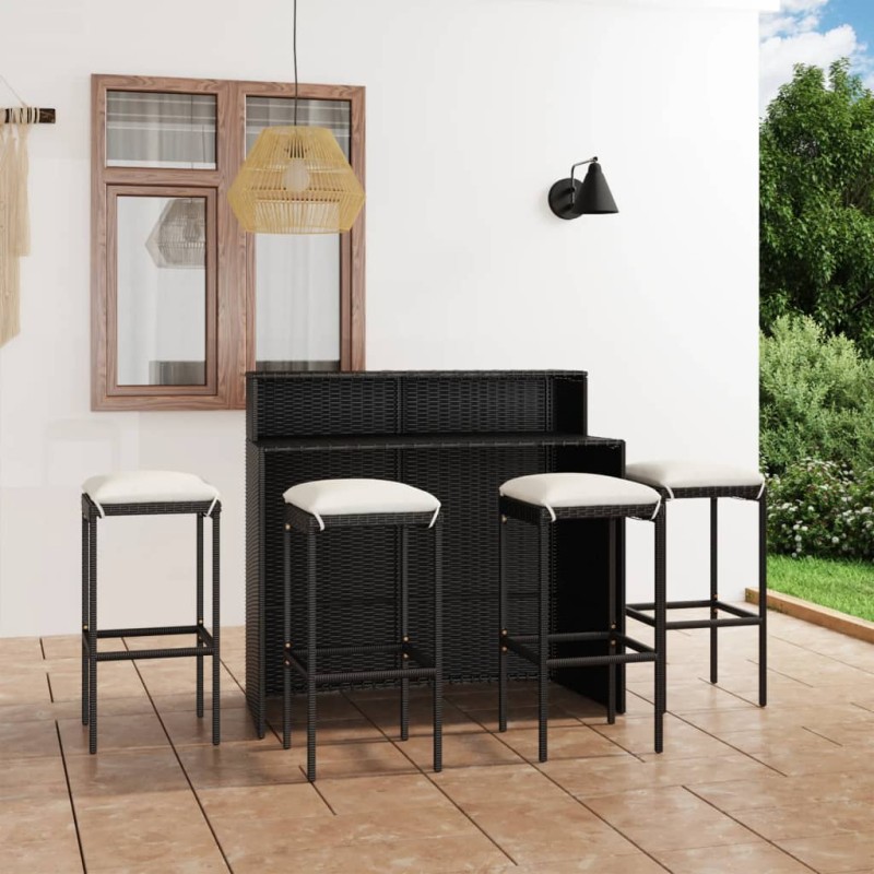 5 pcs conjunto de bar para jardim com almofadões preto-Conjuntos de jardim-Home Retail