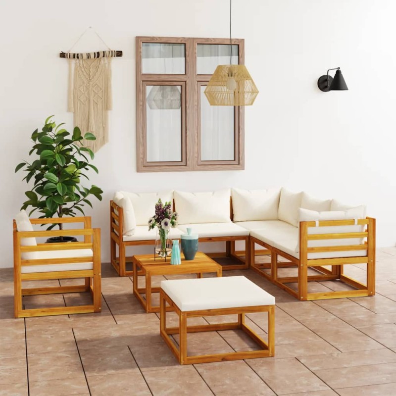 8 pcs conjunto lounge jardim c/ almofadões acácia maciça creme-Conjuntos de jardim-Home Retail