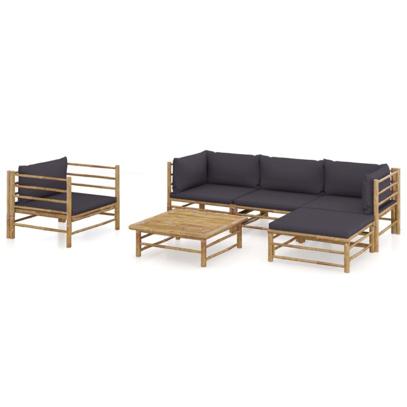 6 pcs conj. lounge jardim em bambu c/ almofadões cinza-escuro-Conjuntos de jardim-Home Retail