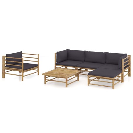 6 pcs conj. lounge jardim em bambu c/ almofadões cinza-escuro