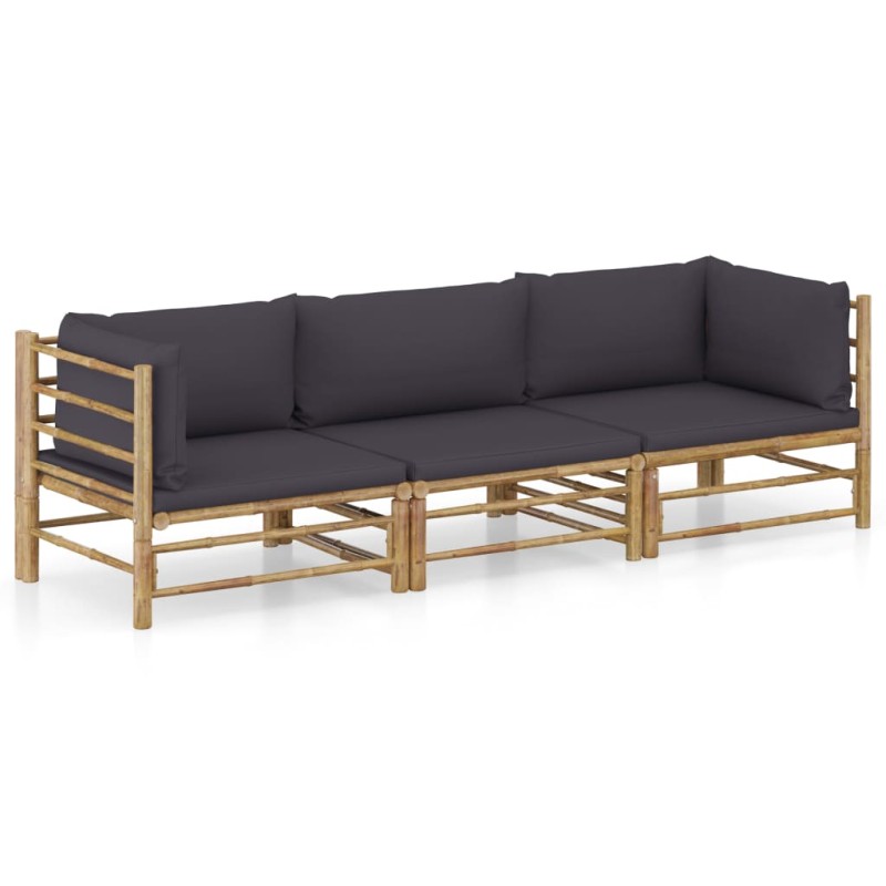 3 pcs conj. lounge jardim em bambu c/ almofadões cinza-escuro-Conjuntos de jardim-Home Retail