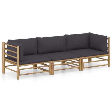 3 pcs conj. lounge jardim em bambu c/ almofadões cinza-escuro