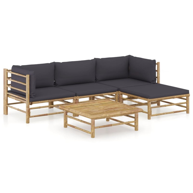 5 pcs conj. lounge jardim em bambu c/ almofadões cinza-escuro-Conjuntos de jardim-Home Retail