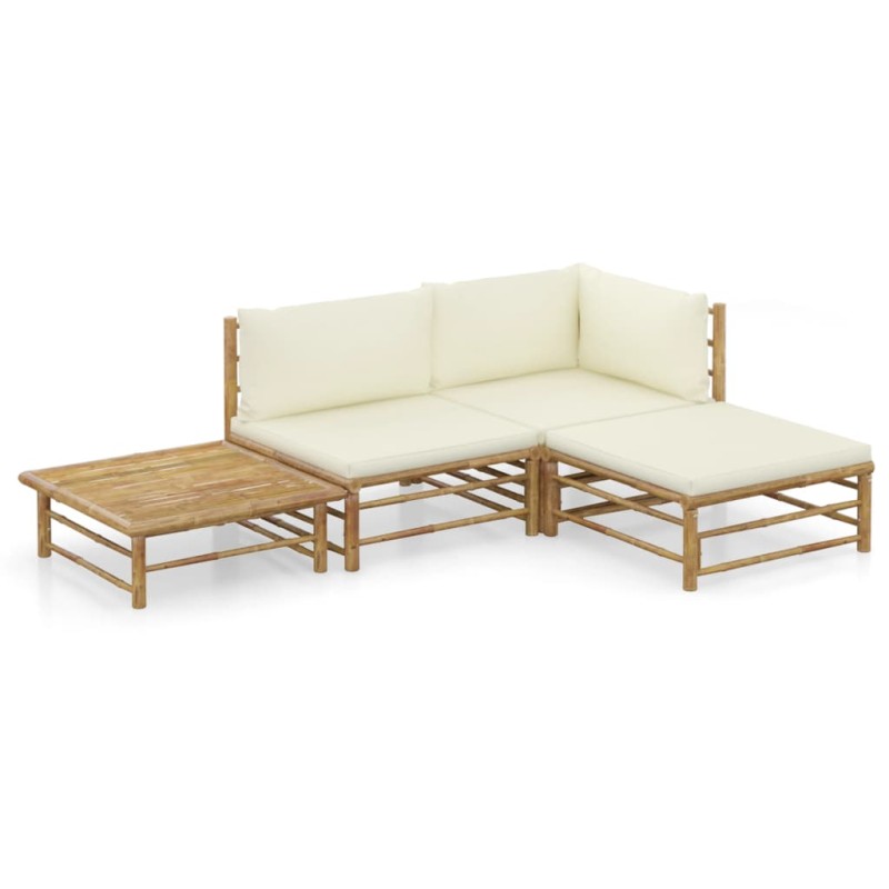 4 pcs conj. lounge p/ jardim em bambu c/ almofadões branco nata-Conjuntos de jardim-Home Retail