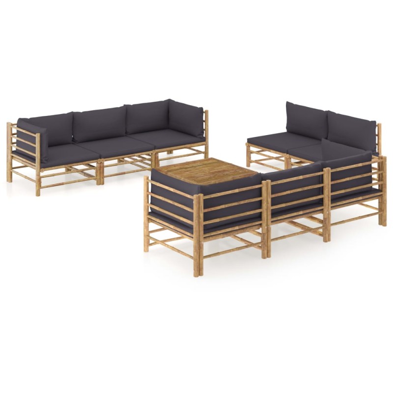 9 pcs conj. lounge jardim em bambu c/ almofadões cinza-escuro-Conjuntos de jardim-Home Retail