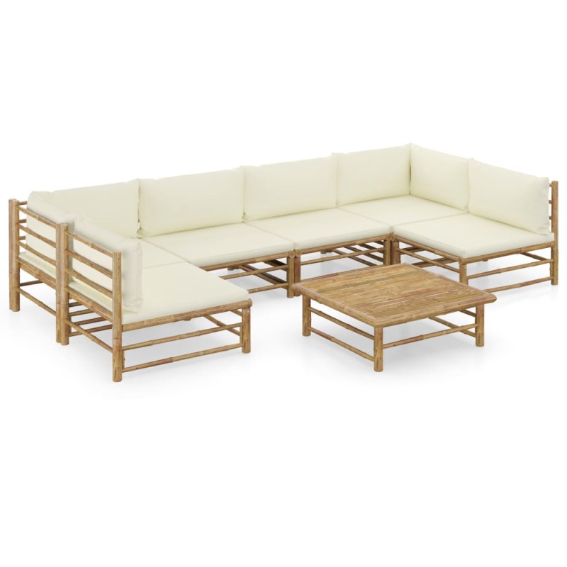 7 pcs conj. lounge p/ jardim em bambu c/ almofadões branco nata-Conjuntos de jardim-Home Retail