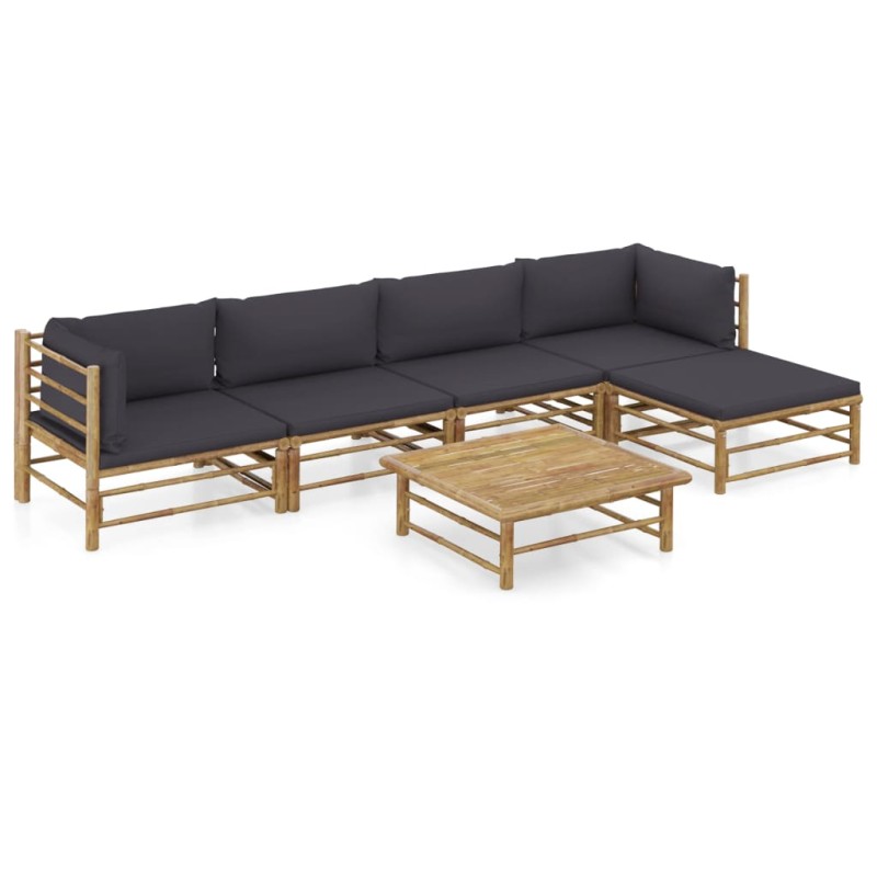 6 pcs conj. lounge jardim em bambu c/ almofadões cinza-escuro-Conjuntos de jardim-Home Retail