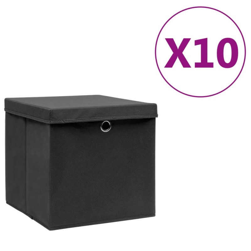 Caixas de arrumação com tampas 10 pcs 28x28x28 cm preto-Cestos para complementos-Home Retail