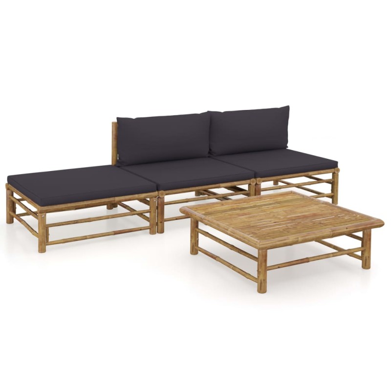 4 pcs conj. lounge jardim em bambu c/ almofadões cinza-escuro-Conjuntos de jardim-Home Retail