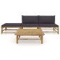 4 pcs conj. lounge jardim em bambu c/ almofadões cinza-escuro