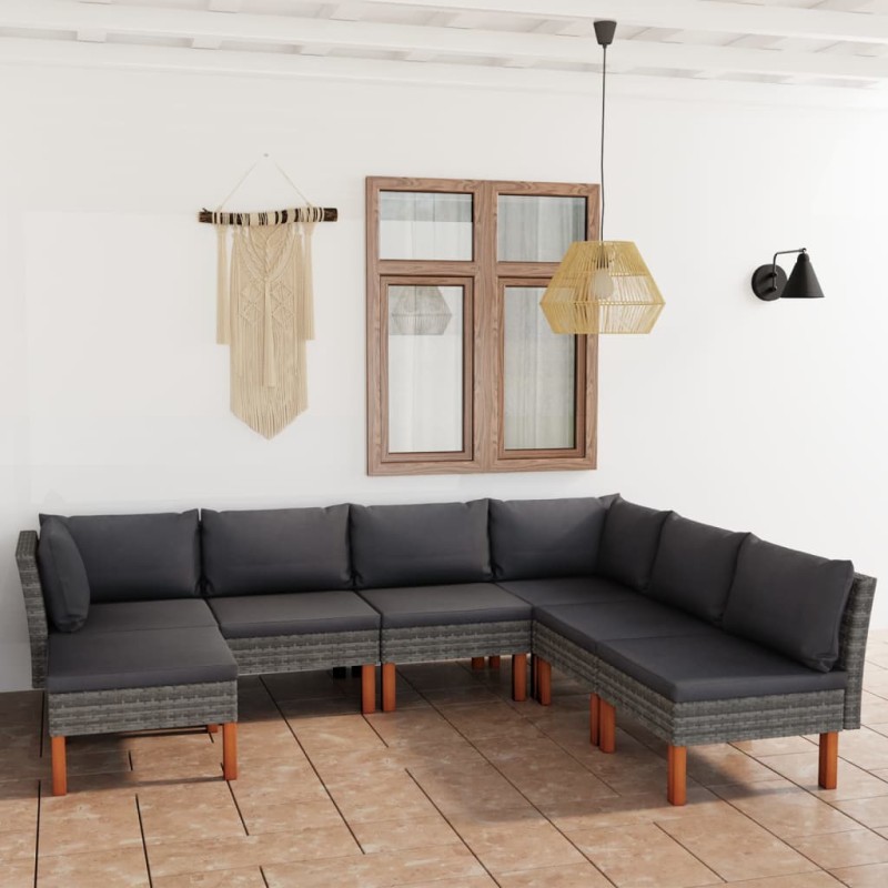 7 pcs conjunto lounge de jardim c/ almofadões vime PE cinzento-Conjuntos de jardim-Home Retail