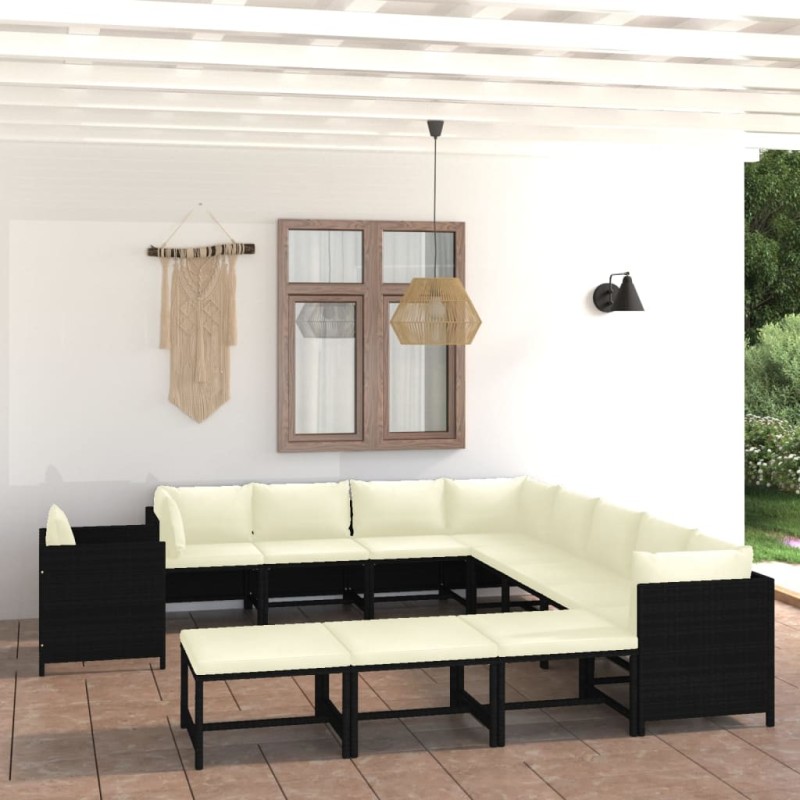 12 pcs conjunto lounge de jardim c/ almofadões vime PE preto-Conjuntos de jardim-Home Retail