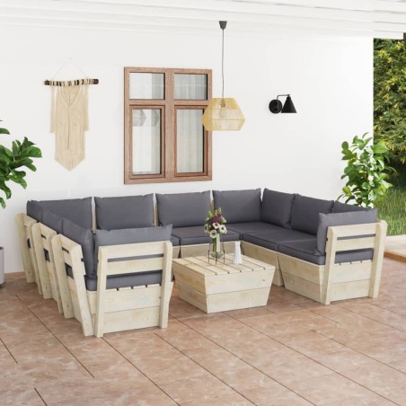 9 pcs conjunto lounge de paletes + almofadões madeira de abeto