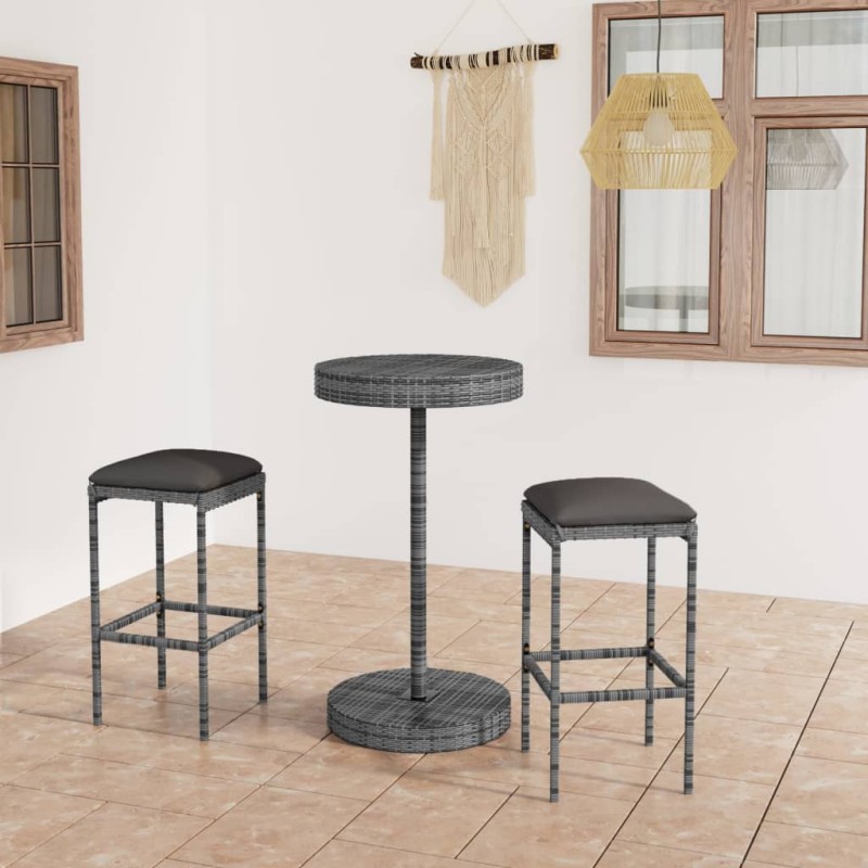 3 pcs conjunto de bar p/ jardim c/ almofadões vime PE cinzento-Conjuntos de jardim-Home Retail