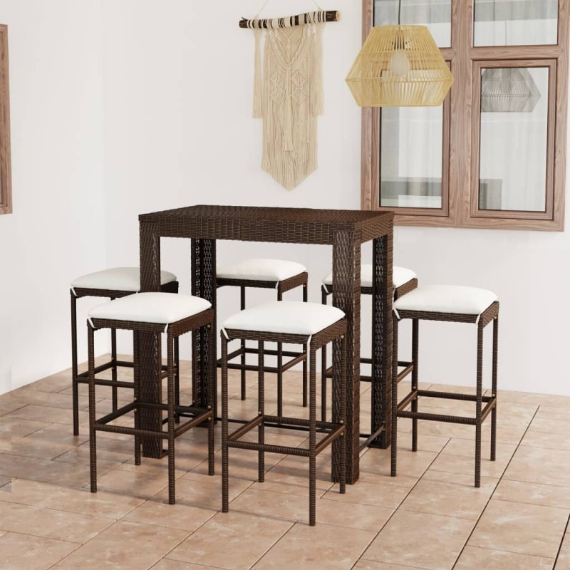 7 pcs conjunto de bar p/ jardim com almofadões vime PE castanho-Conjuntos de jardim-Home Retail