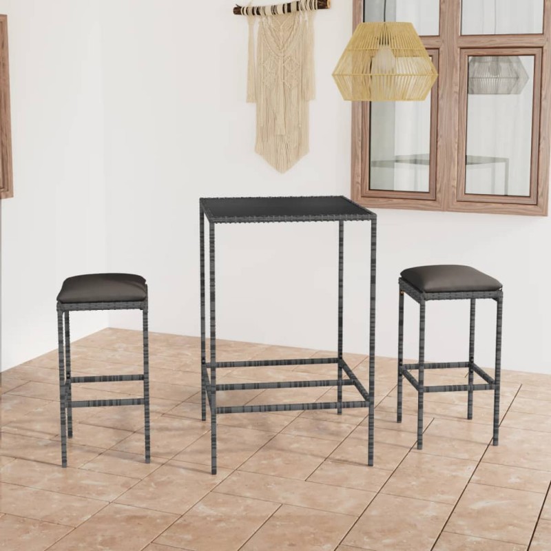 3 pcs conjunto de bar p/ jardim c/ almofadões vime PE cinzento-Conjuntos de jardim-Home Retail