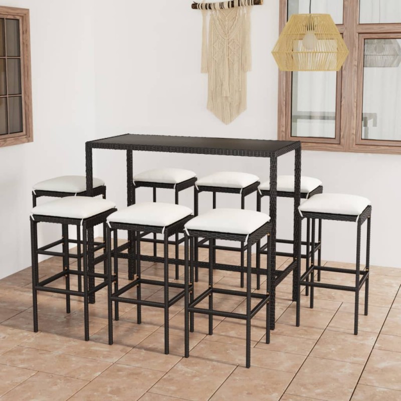 9 pcs conjunto de bar p/ jardim c/ almofadões vime PE preto-Conjuntos de jardim-Home Retail