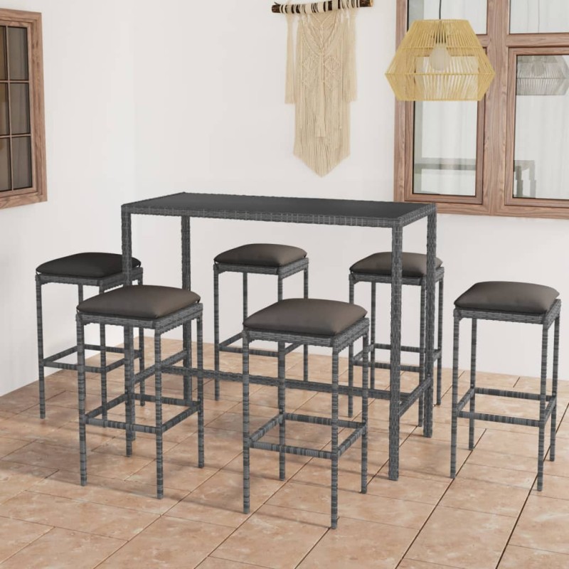 7 pcs conjunto de bar p/ jardim c/ almofadões vime PE cinzento-Conjuntos de jardim-Home Retail