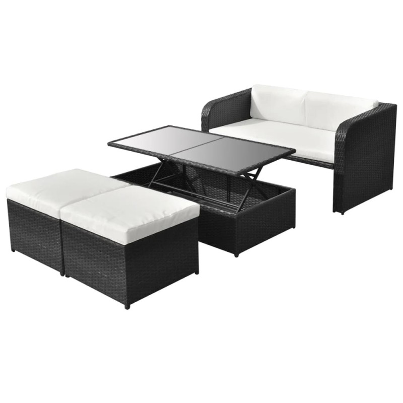 4 pcs conjunto lounge de jardim c/ almofadões vime PE preto-Conjuntos de jardim-Home Retail