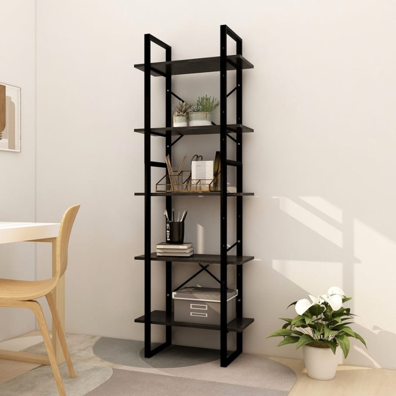 Estante com 5 prateleiras 60x30x175 cm madeira de pinho preto-Estantes para livros-Home Retail