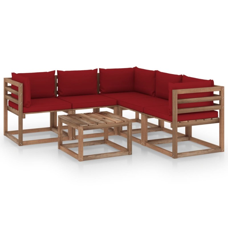 vidaxL 6 pcs conjunto lounge jardim c/ almofadões vermelho tinto pinho-Conjuntos de jardim-Home Retail