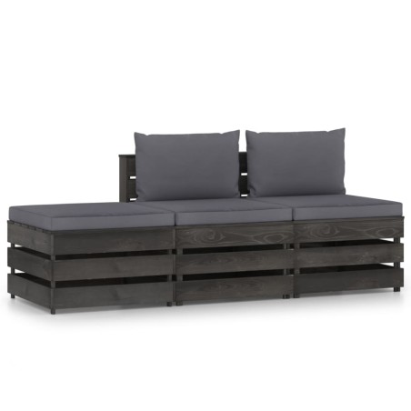 3 pcs conj. lounge jardim + almofadões madeira impreg. cinzento