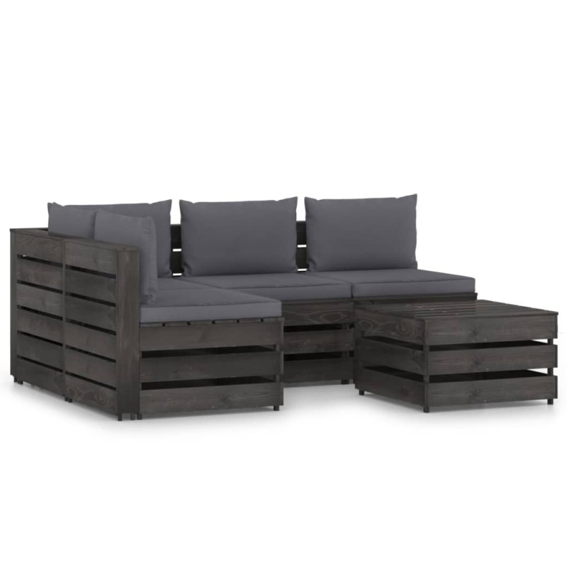 5 pcs conj. lounge jardim + almofadões madeira impreg. cinzento-Conjuntos de jardim-Home Retail