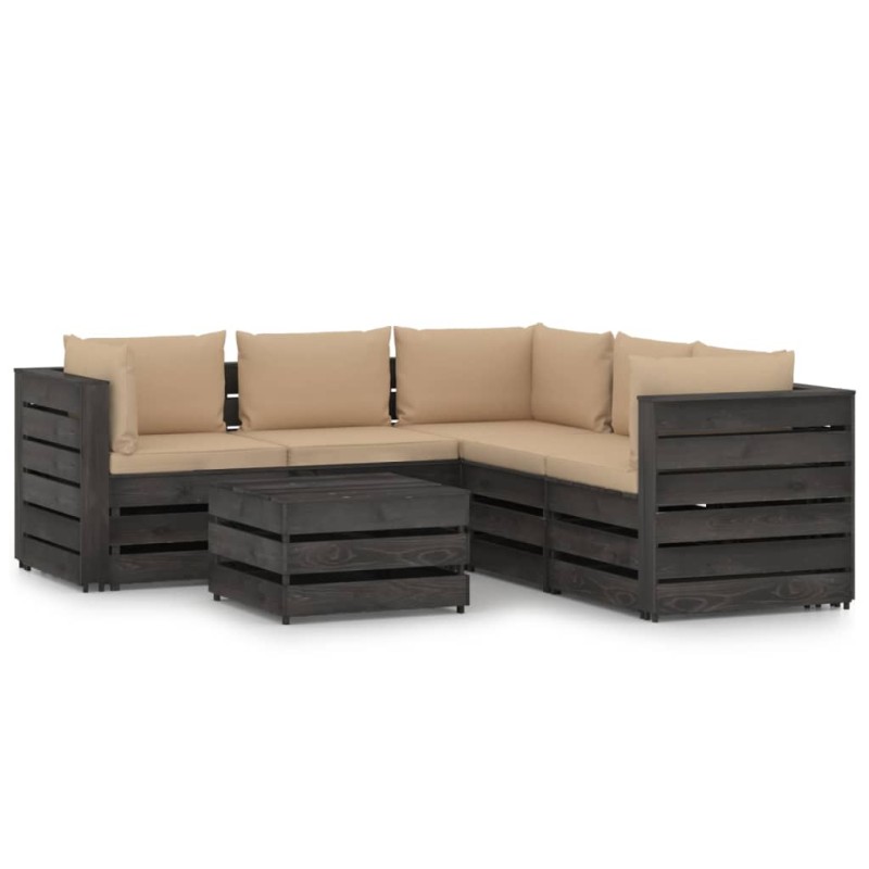 6 pcs conj. lounge jardim + almofadões madeira impreg. cinzento-Conjuntos de jardim-Home Retail