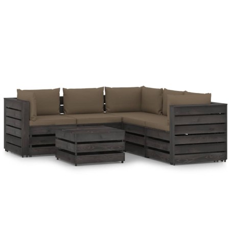 6 pcs conj. lounge jardim + almofadões madeira impreg. cinzento