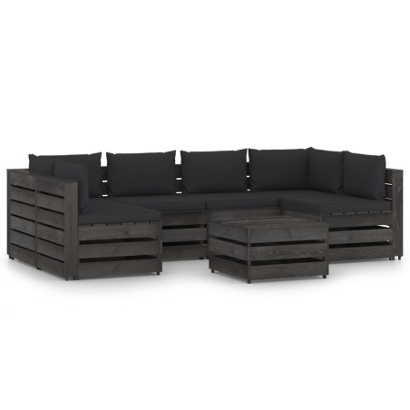 7 pcs conj. lounge jardim + almofadões madeira impreg. cinzento