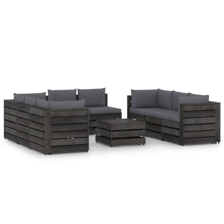 9 pcs conj. lounge jardim + almofadões madeira impreg. cinzento