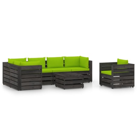 7 pcs conj. lounge jardim + almofadões madeira impreg. cinzento