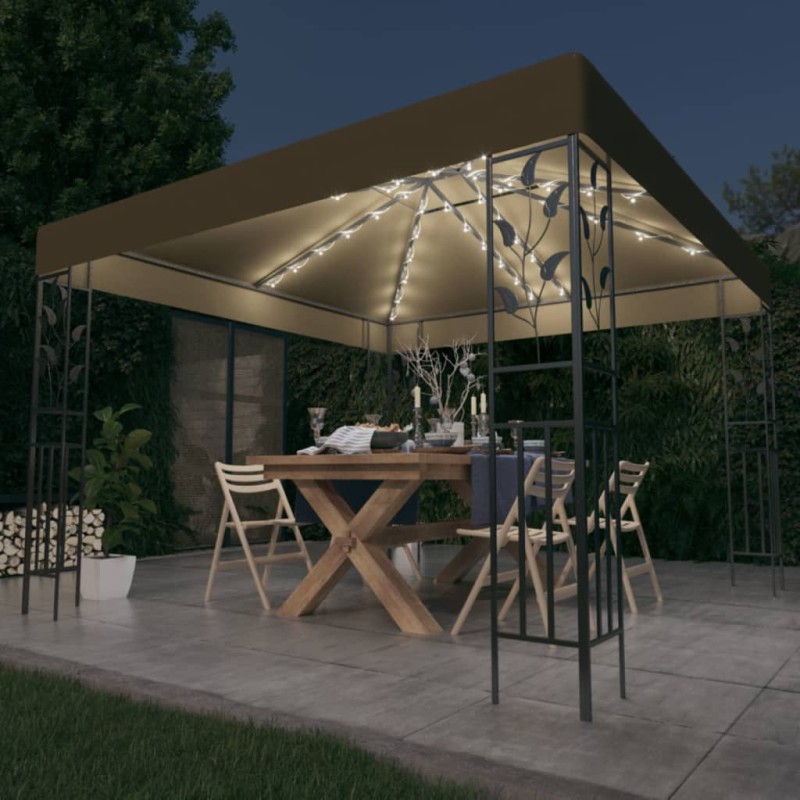 Gazebo com cordões de luzes LED 3x3 m cinza-acastanhado-Toldos e gazebos-Home Retail