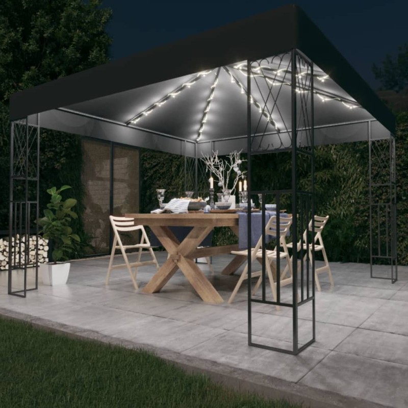 Gazebo com cordões de luzes LED 3x3 m tecido antracite-Toldos e gazebos-Home Retail