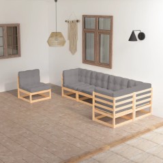 6 pcs conjunto lounge de jardim com almofadões pinho maciço