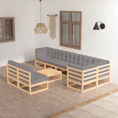 9 pcs conjunto lounge de jardim c/ almofadões pinho maciço