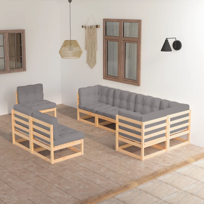 8 pcs conjunto lounge de jardim c/ almofadões pinho maciço-Conjuntos de jardim-Home Retail