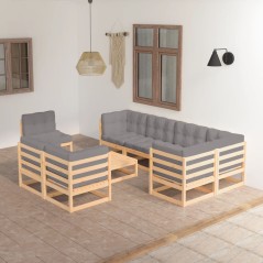 9 pcs conjunto lounge de jardim c/ almofadões pinho maciço