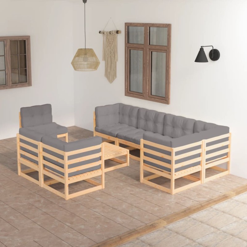 9 pcs conjunto lounge de jardim c/ almofadões pinho maciço-Conjuntos de jardim-Home Retail