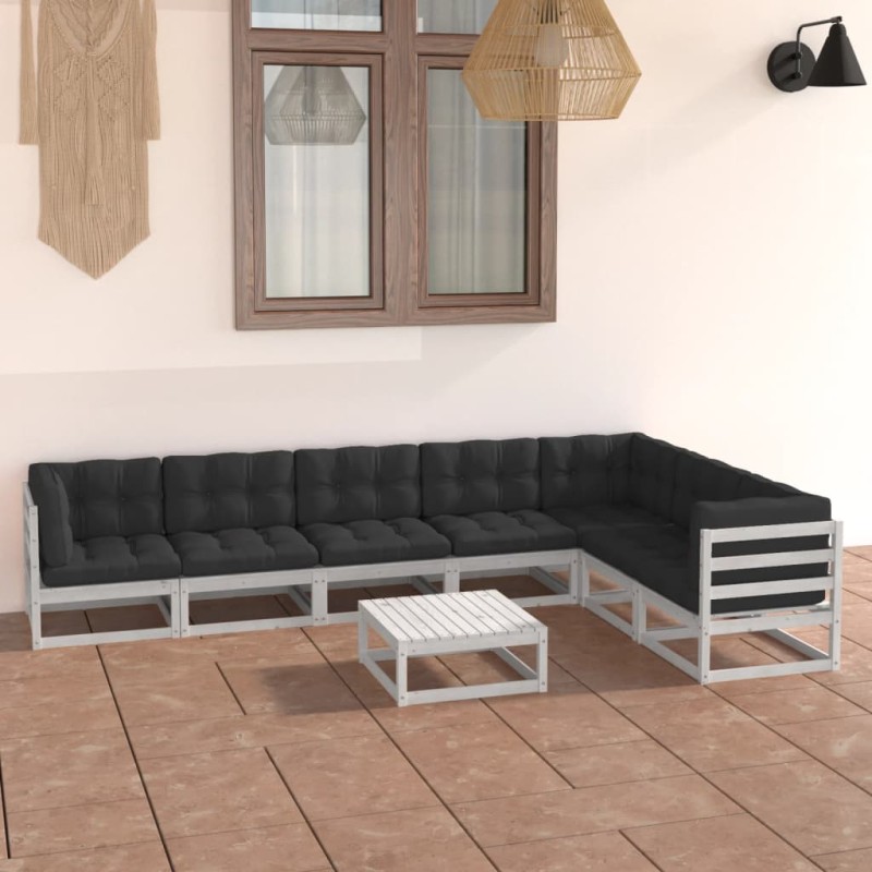 8 pcs conj. lounge de jardim c/ almofadões pinho maciço branco-Conjuntos de jardim-Home Retail