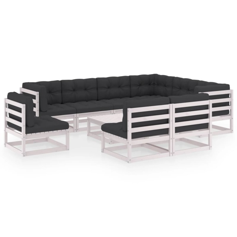 10 pcs conj. lounge de jardim c/ almofadões pinho maciço branco-Conjuntos de jardim-Home Retail