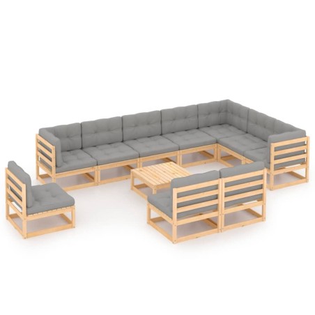 11 pcs conjunto lounge de jardim c/ almofadões pinho maciço