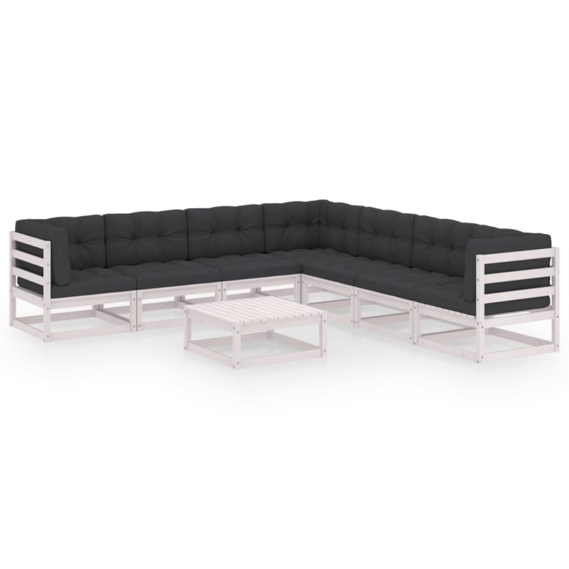 8 pcs conj. lounge de jardim c/ almofadões pinho maciço branco-Conjuntos de jardim-Home Retail