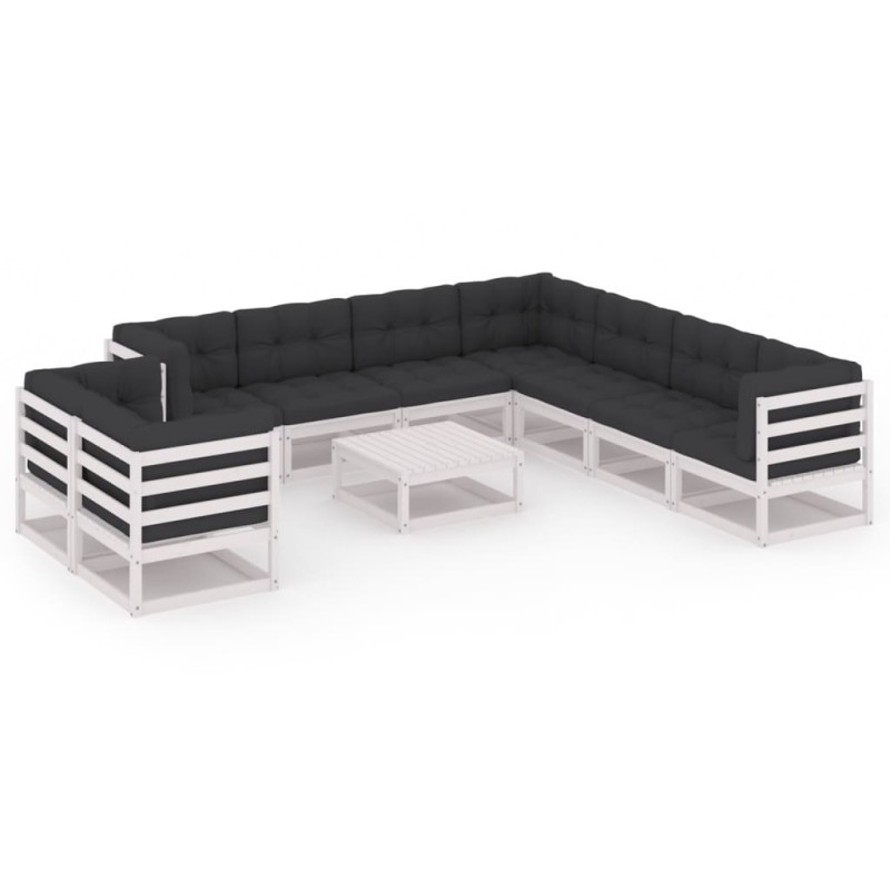 10 pcs conj. lounge de jardim c/ almofadões pinho maciço branco-Conjuntos de jardim-Home Retail