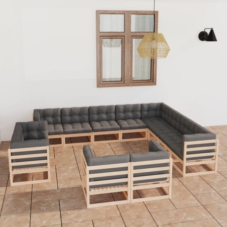 12 pcs conjunto lounge de jardim com almofadões pinho maciço