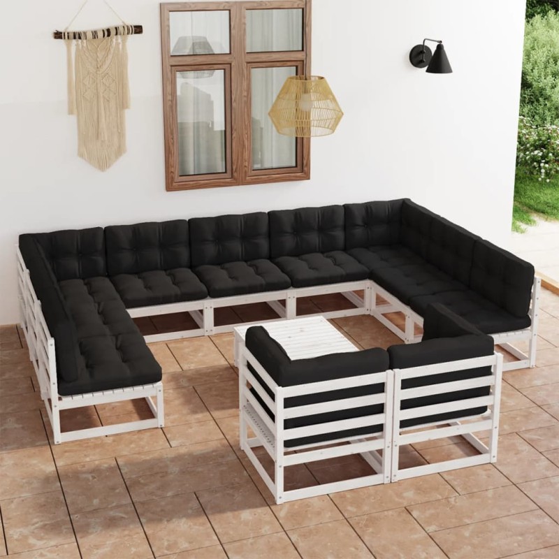 12 pcs conj. lounge de jardim c/ almofadões pinho maciço branco-Conjuntos de jardim-Home Retail