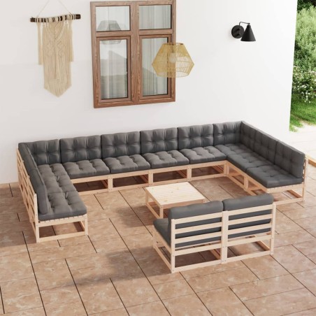 13 pcs conjunto lounge de jardim c/ almofadões pinho maciço