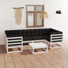 7 pcs conj. lounge de jardim c/ almofadões pinho maciço branco